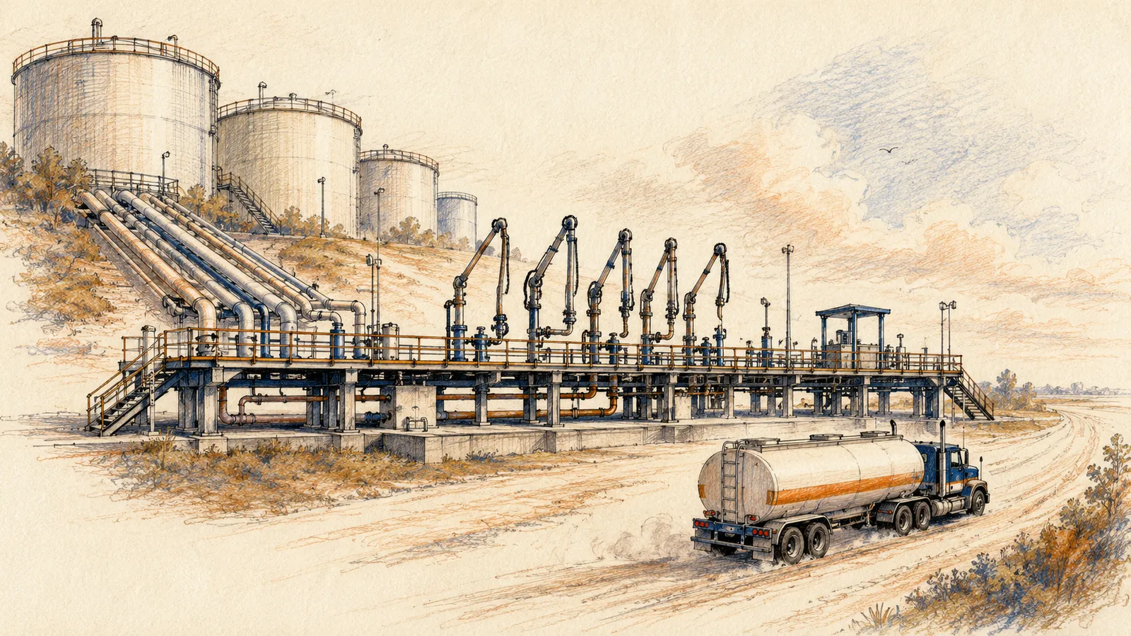 Illustration of a fuel terminal rack, with bulk supply above the rack and a delivered truckload below it