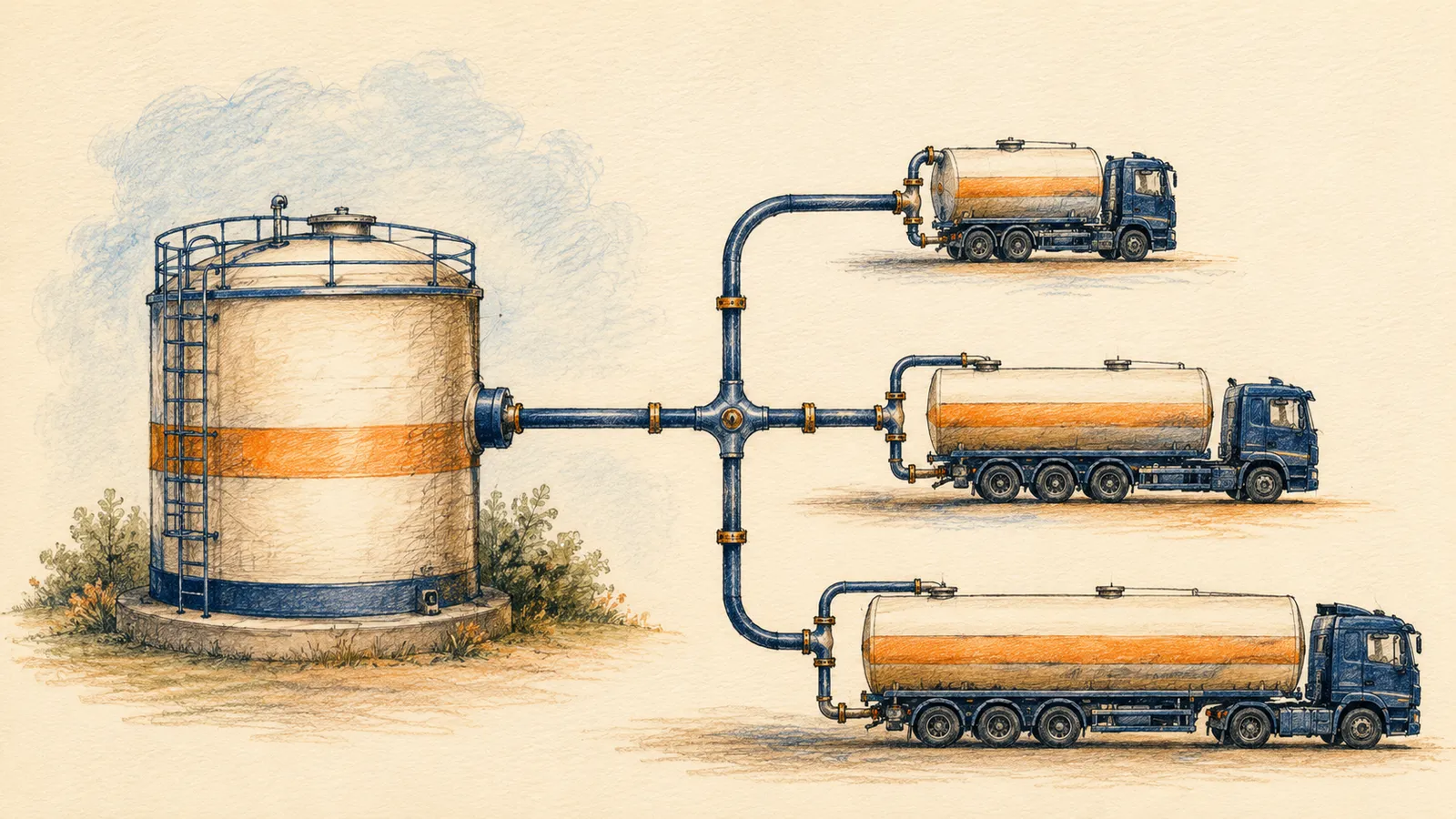 Diagram of one fuel supply divided among several buyers in set shares