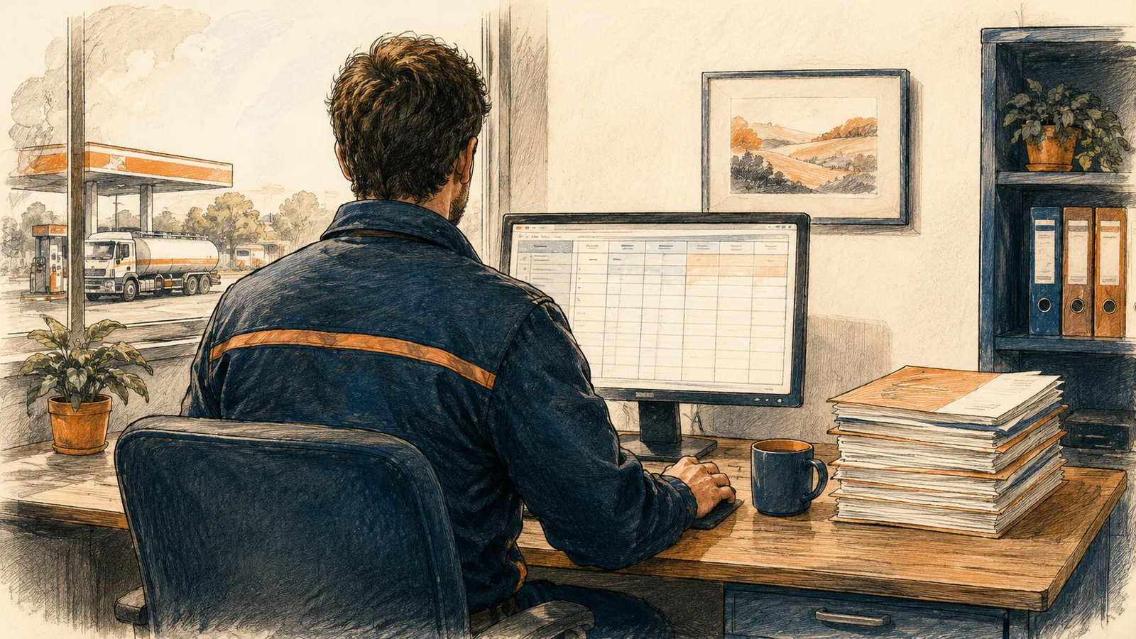 Illustration of a person working at the back office of a fuel business