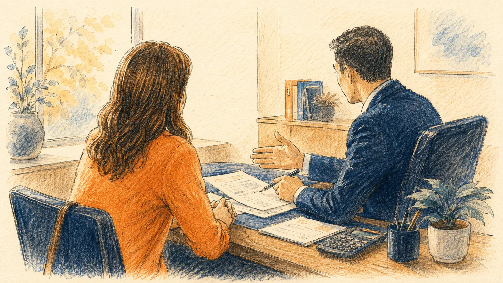 Illustration of a business owner meeting a banker across a desk