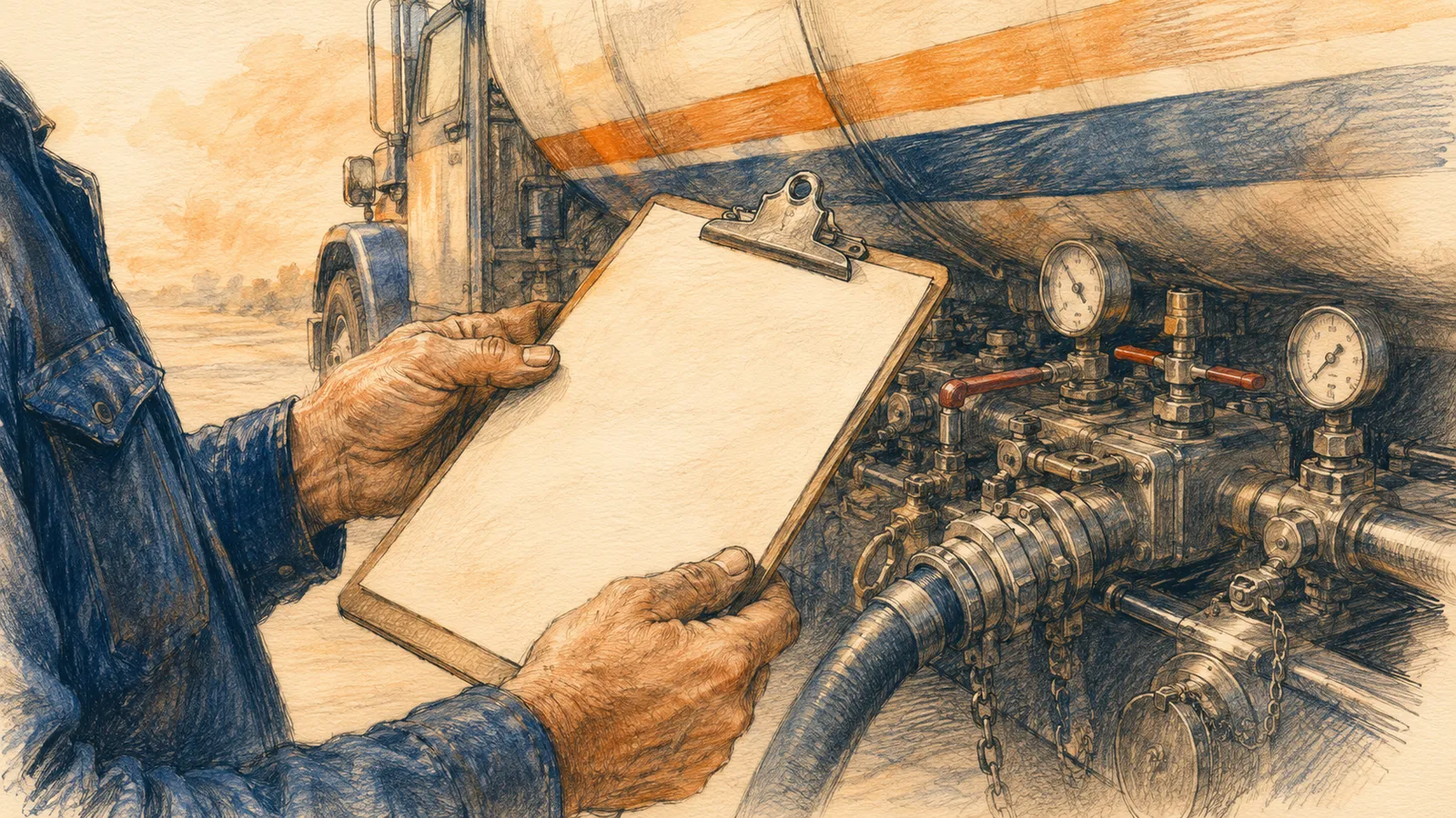 Illustration of hands holding a fuel delivery ticket beside a tanker truck