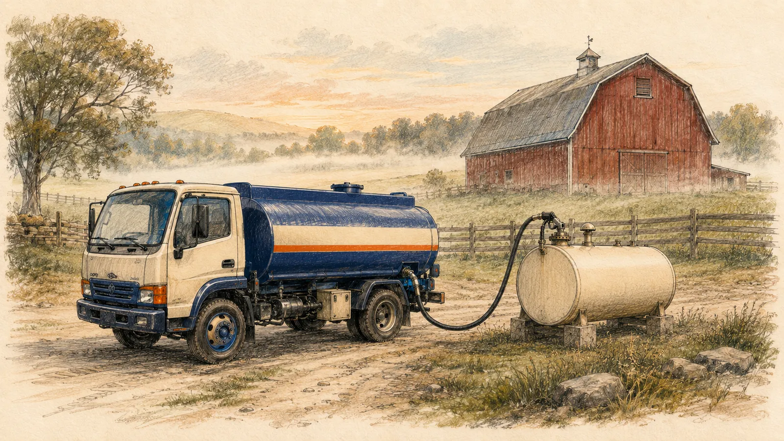 Illustration of a bobtail fuel truck delivering to a farm tank at dawn