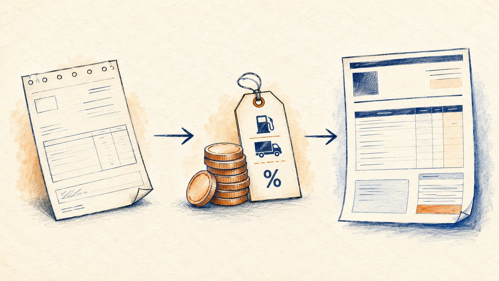 Diagram of a delivery ticket becoming a priced invoice with freight and tax added