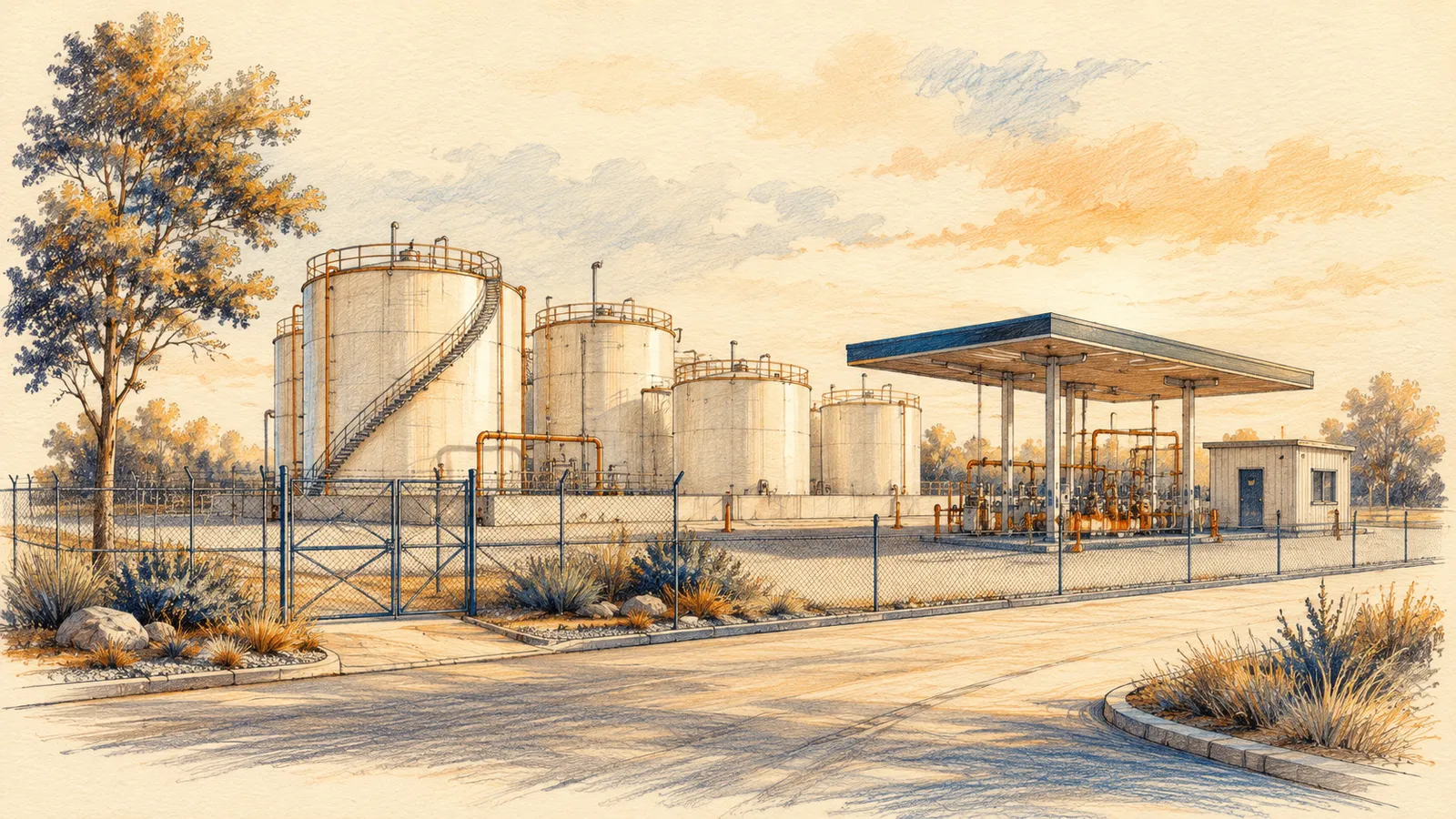 Illustration of a small fuel bulk plant with storage tanks behind a fence