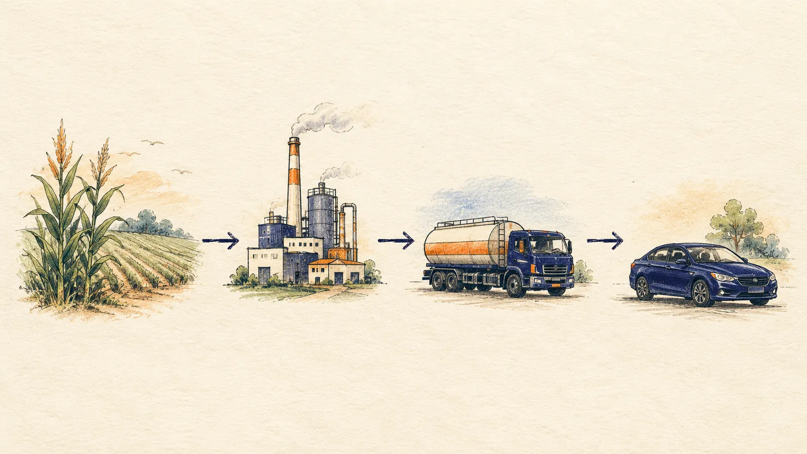 Diagram of a fuel lifecycle from field to vehicle