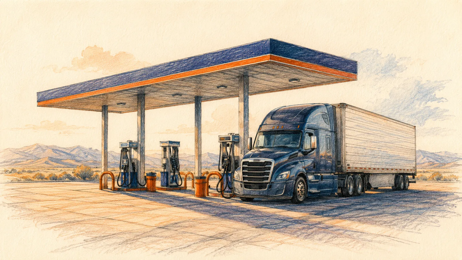 Illustration of a commercial truck fueling at a cardlock island