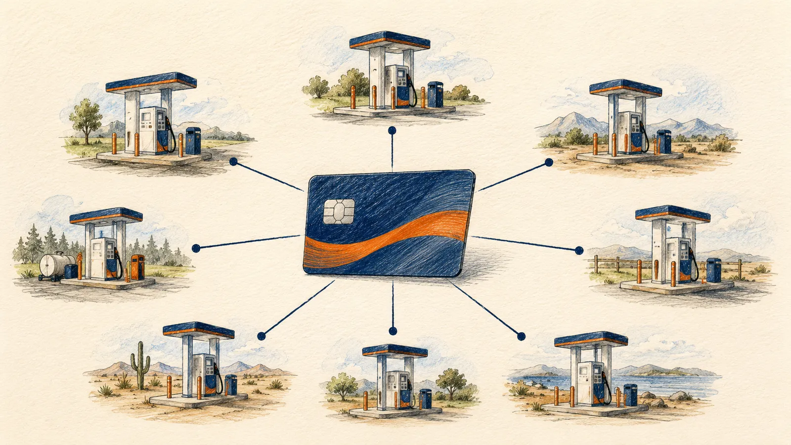 Diagram of one fuel card connected to many unattended fueling sites
