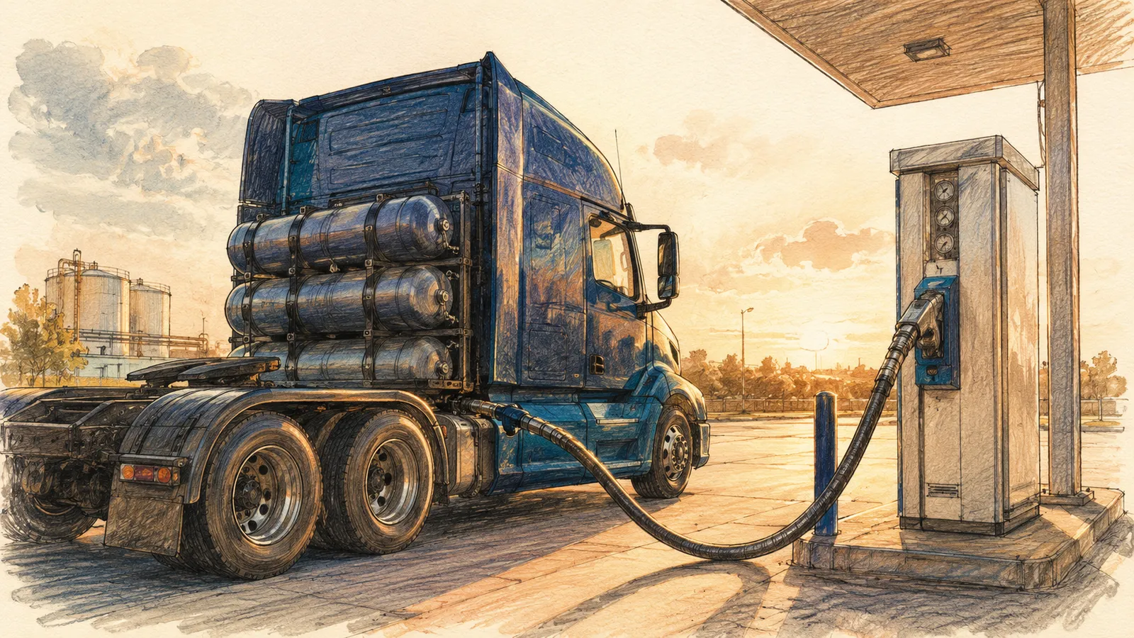 Illustration of a truck fueling with compressed natural gas
