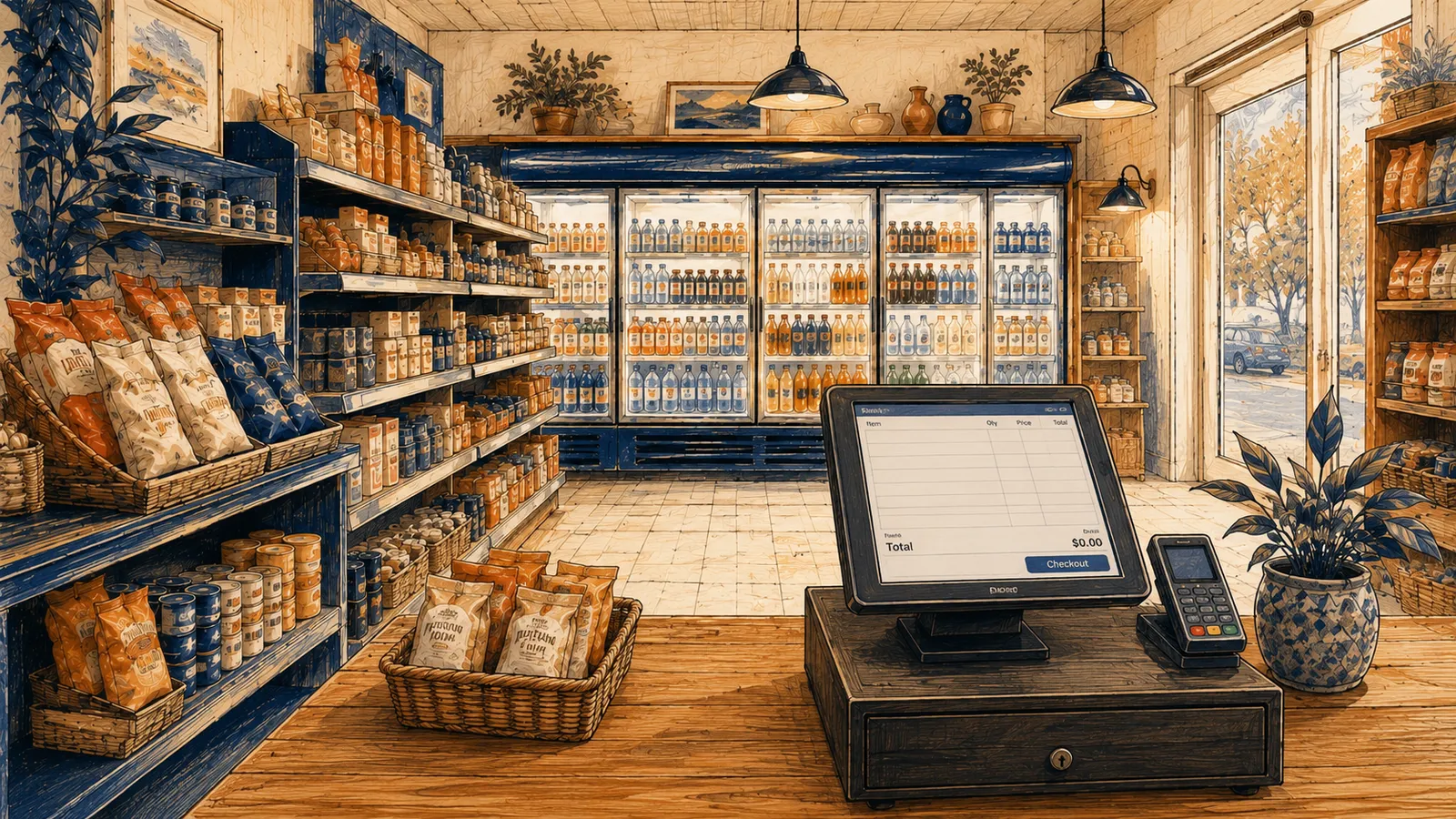 Illustration of the inside of a convenience store with stocked shelves and a drink cooler