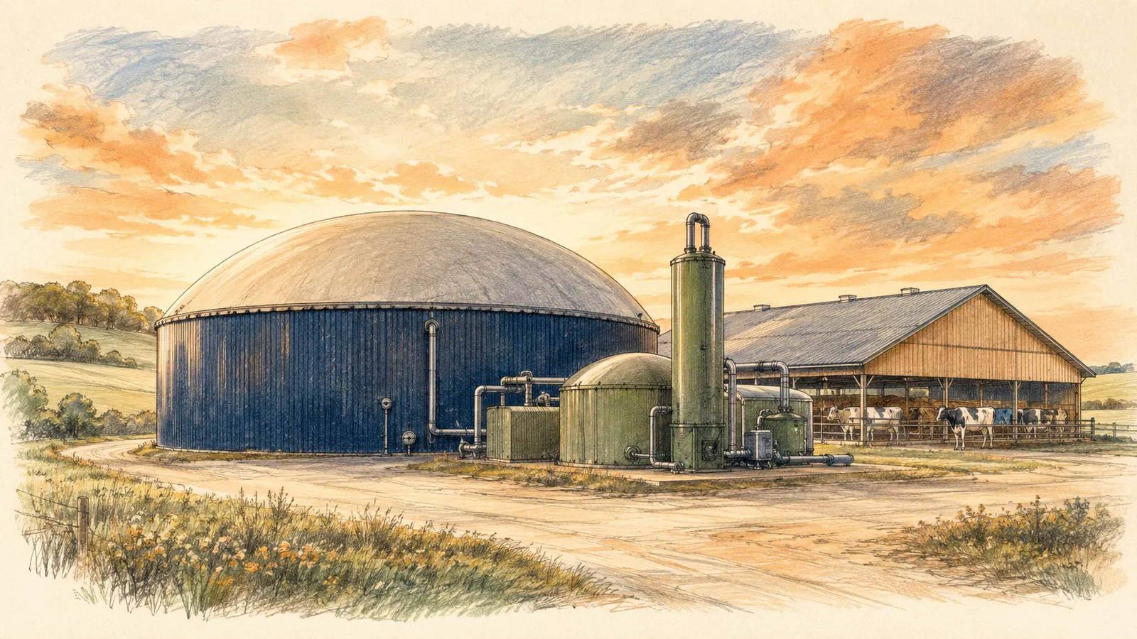 Illustration of an anaerobic digester on a dairy farm producing renewable natural gas