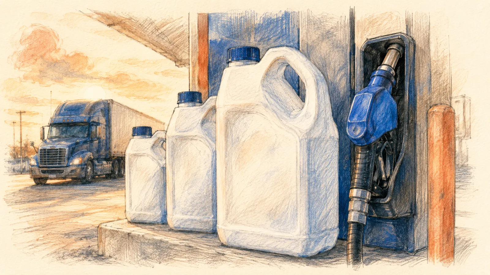 Illustration of diesel exhaust fluid jugs and a dispenser at a truck stop