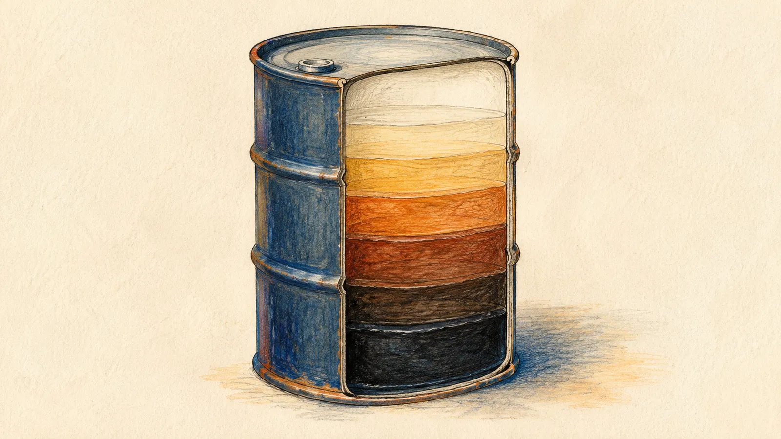 Diagram of an oil barrel cutaway showing products separated by weight