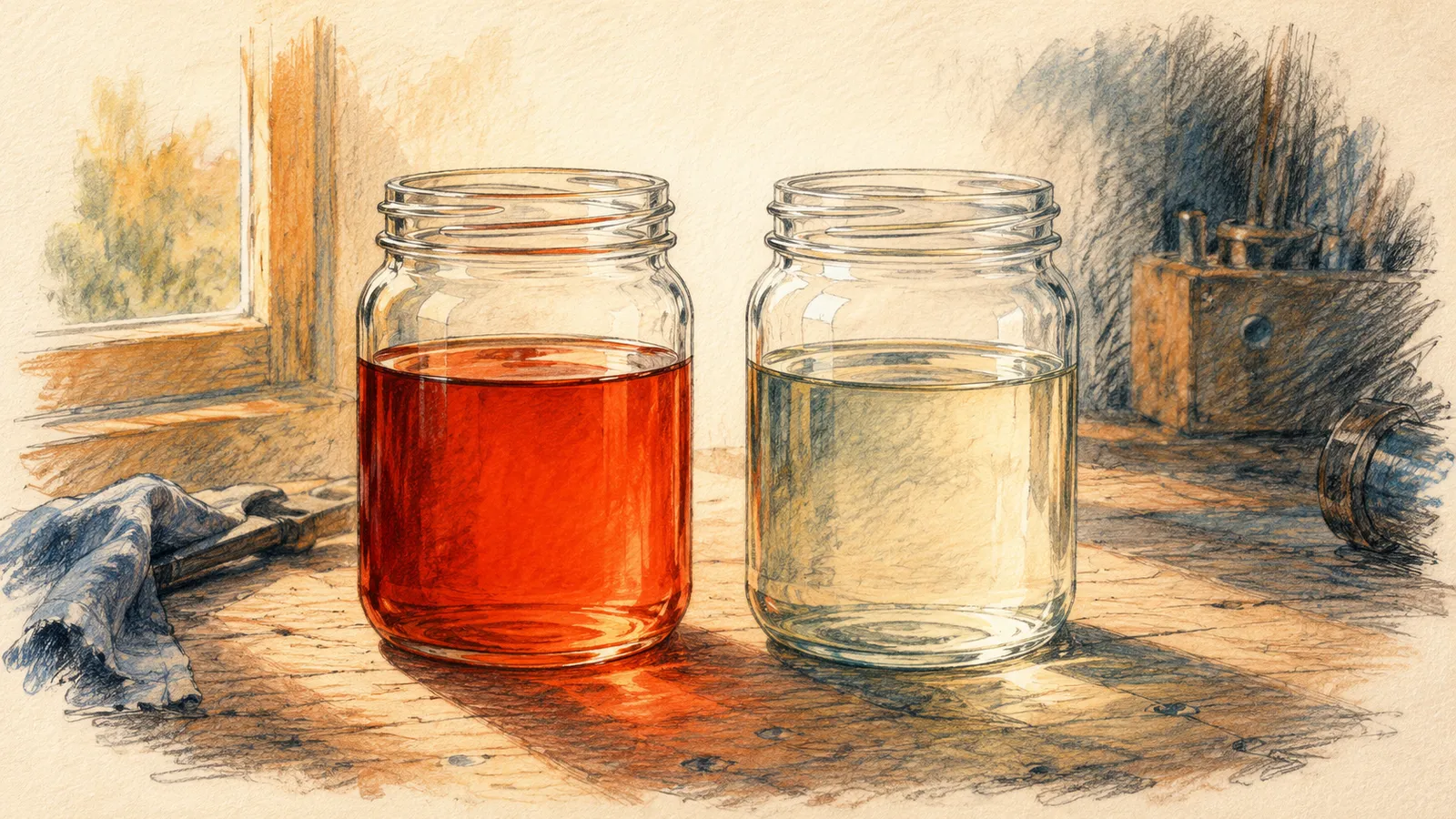 Illustration of two jars showing red dyed diesel beside clear diesel