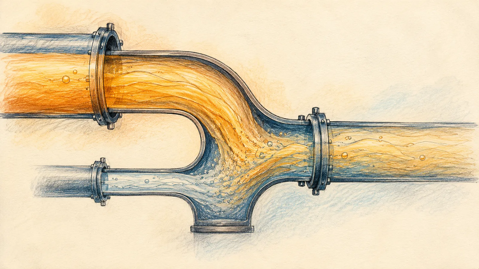 Diagram of gasoline and a smaller stream of ethanol blending into one fuel