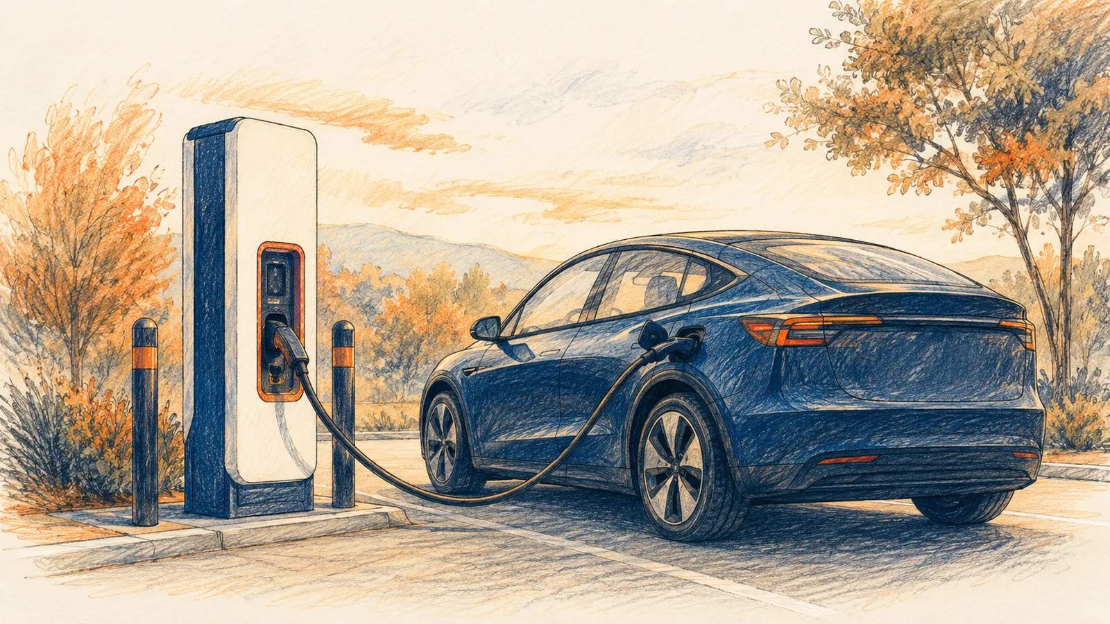 Illustration of an electric car plugged into a DC fast charger