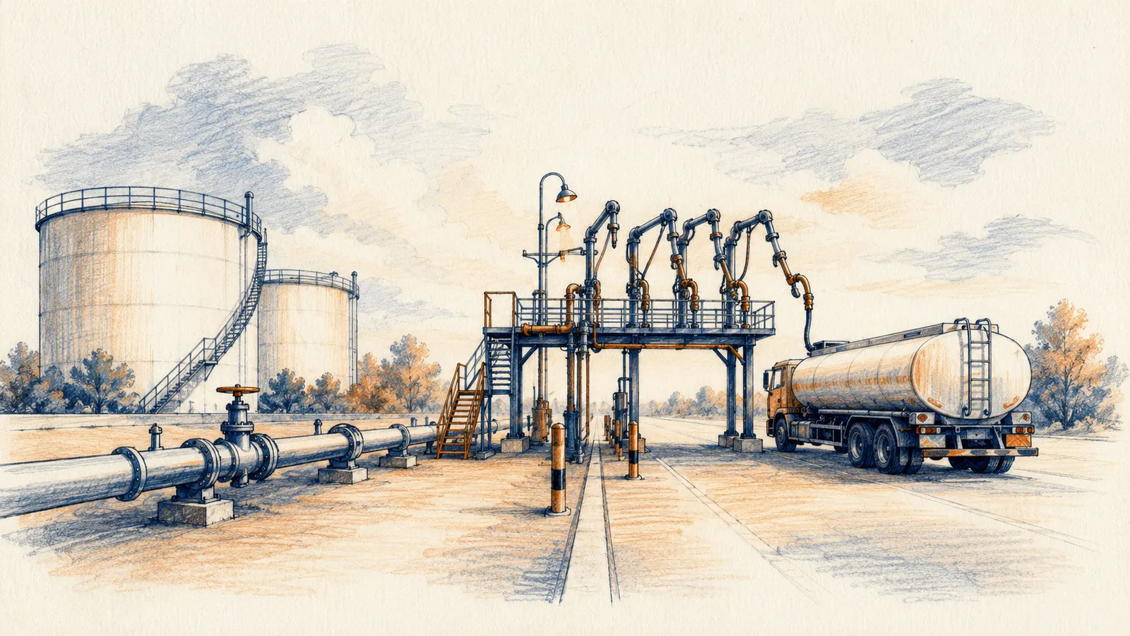 Illustration of a fuel storage terminal with rows of large tanks and pipelines