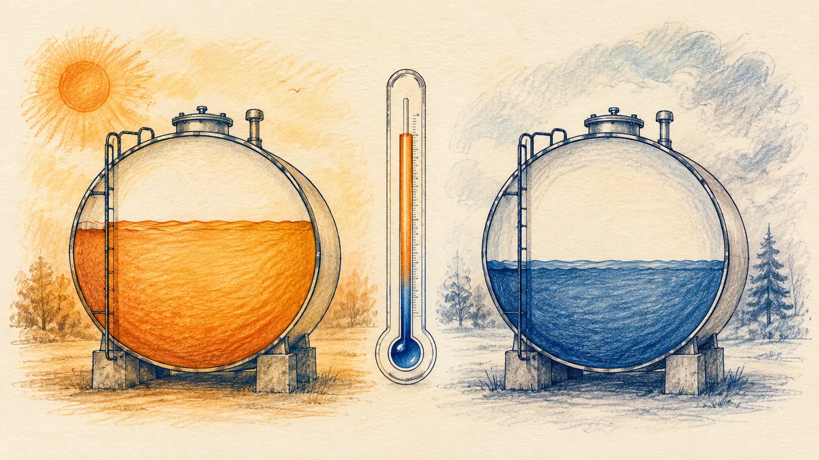 Diagram showing how warm fuel expands and cool fuel contracts, gross versus net volume