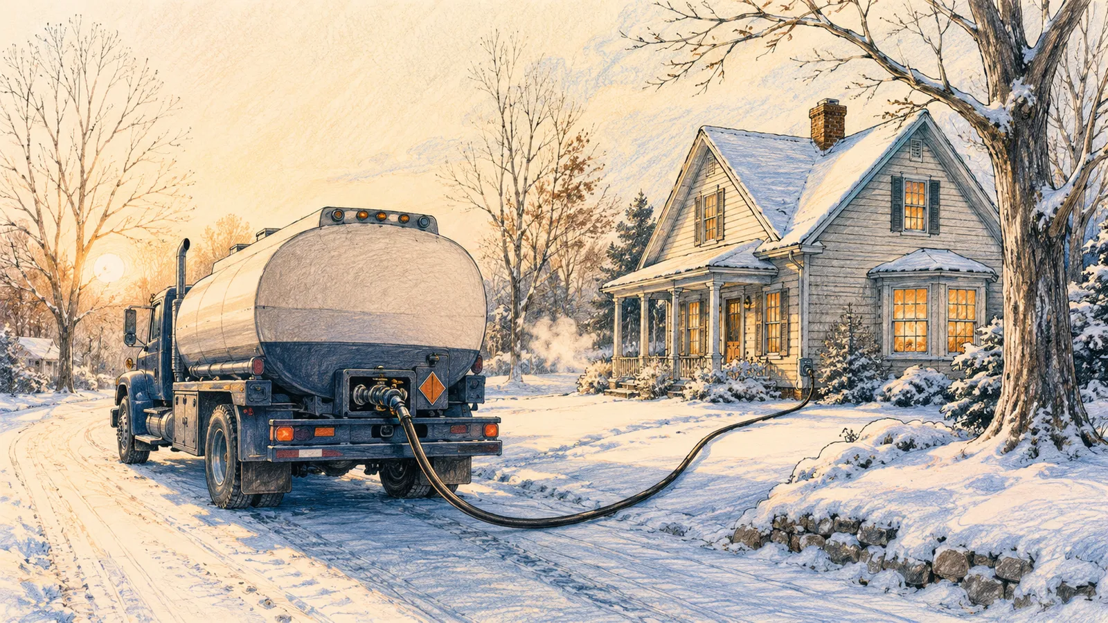 Illustration of a fuel truck delivering heating oil on a snowy street
