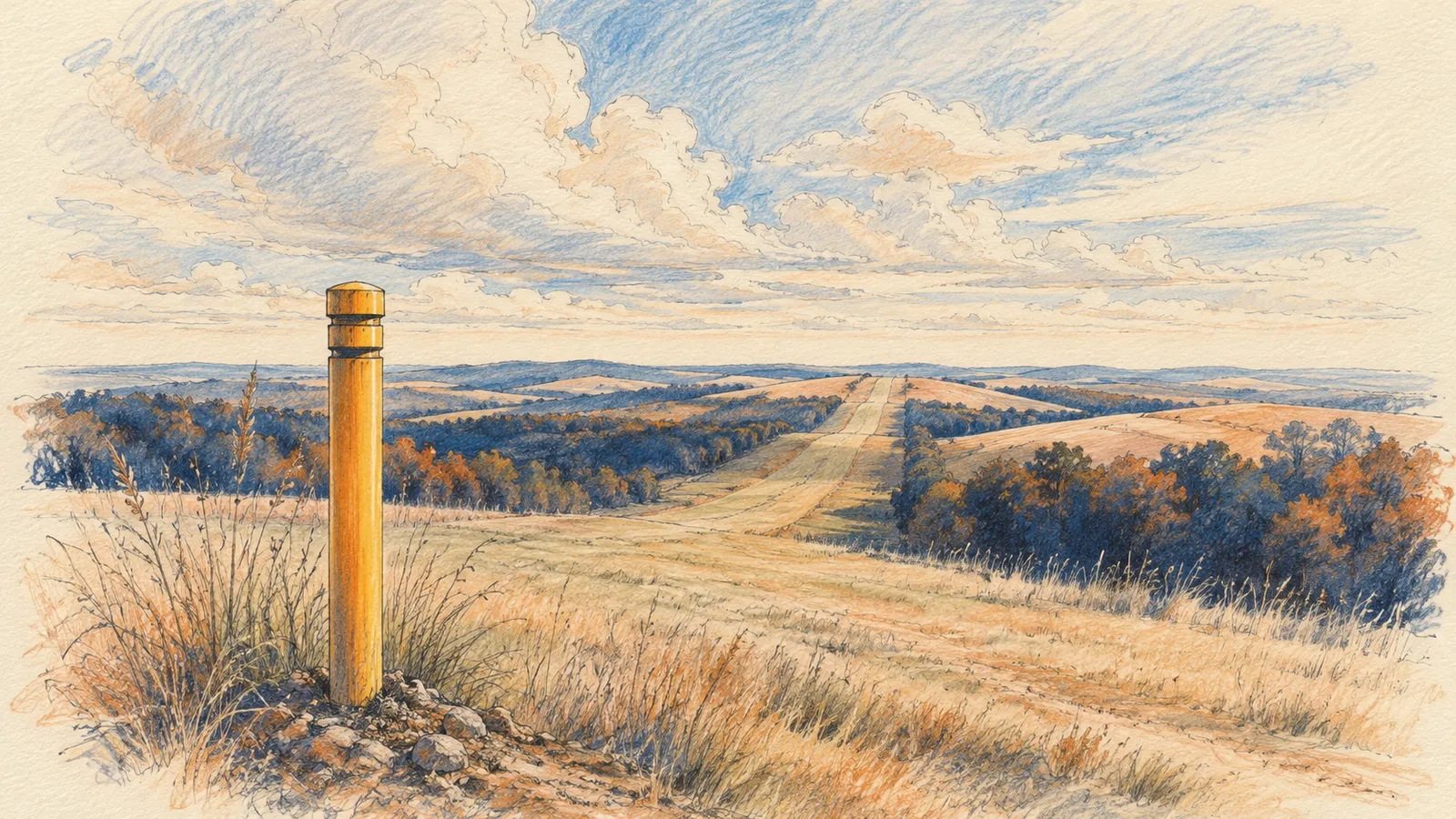Illustration of a pipeline right-of-way crossing open countryside