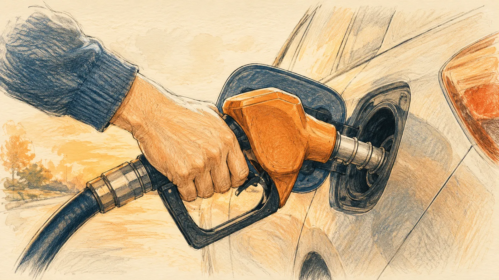 Illustration of a hand fueling a car with a gas pump nozzle