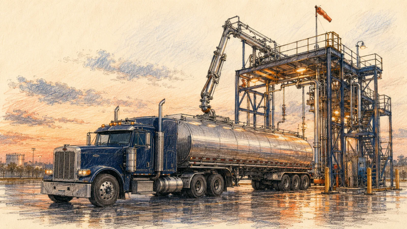 Colored-pencil illustration of a tanker truck loading fuel at a terminal rack at dusk