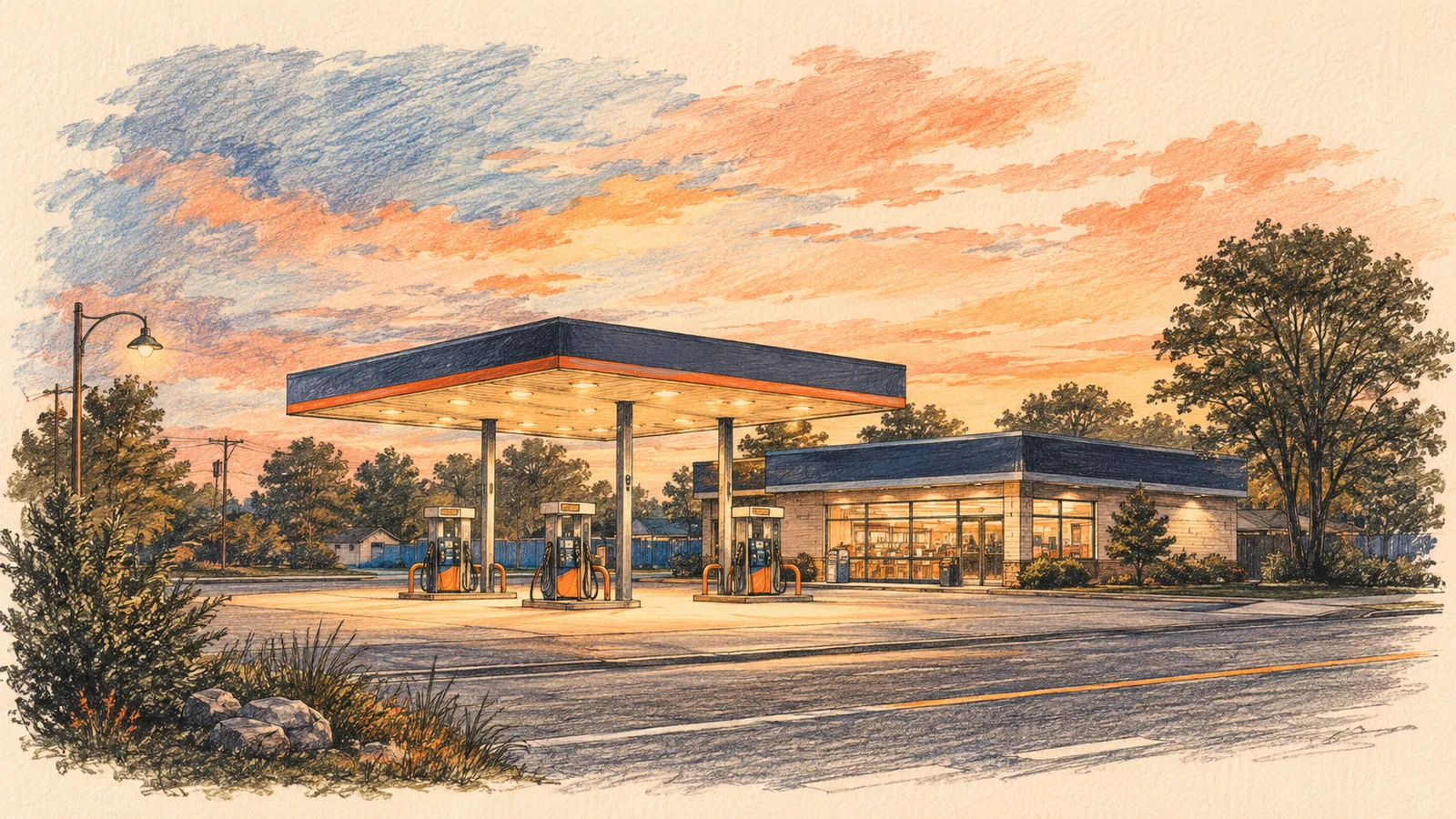 Illustration of a gas station forecourt with fuel pumps at dusk