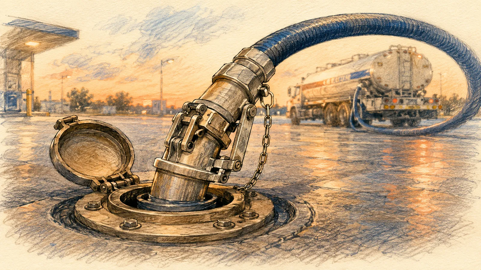 Illustration of a fuel hose connected to a gas station underground tank fill port