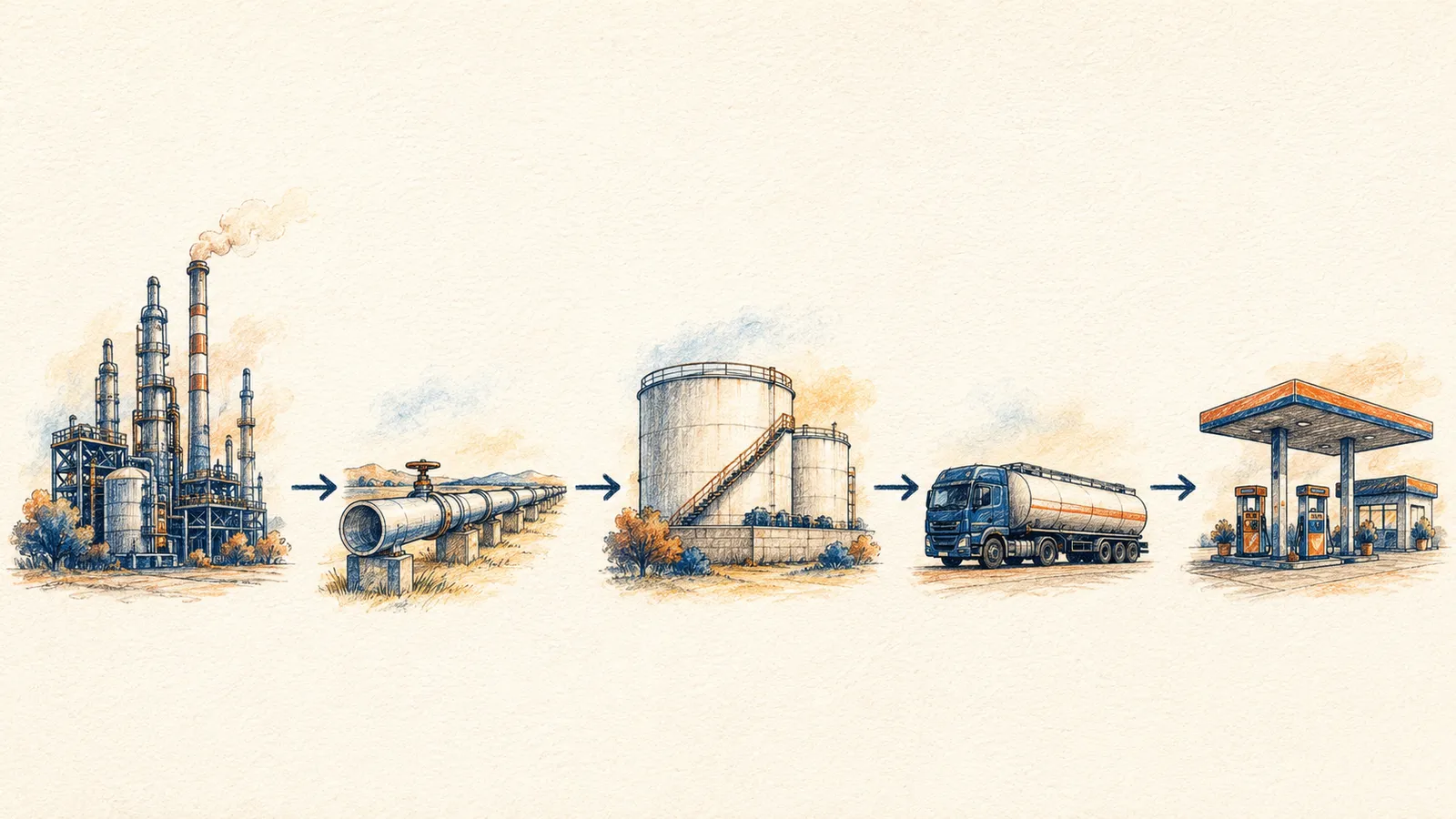 Diagram of the fuel supply chain from refinery to gas station