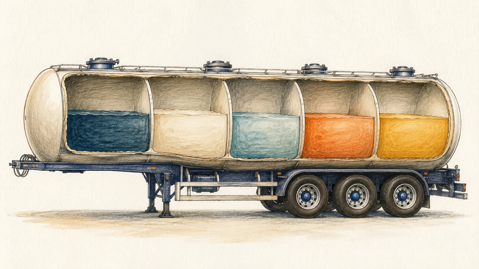 Diagram of a tanker trailer cutaway showing separate compartments