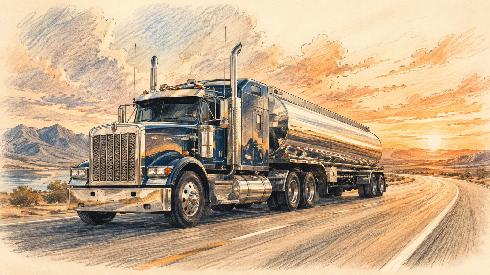 Illustration of a fuel transport tanker truck on an open highway