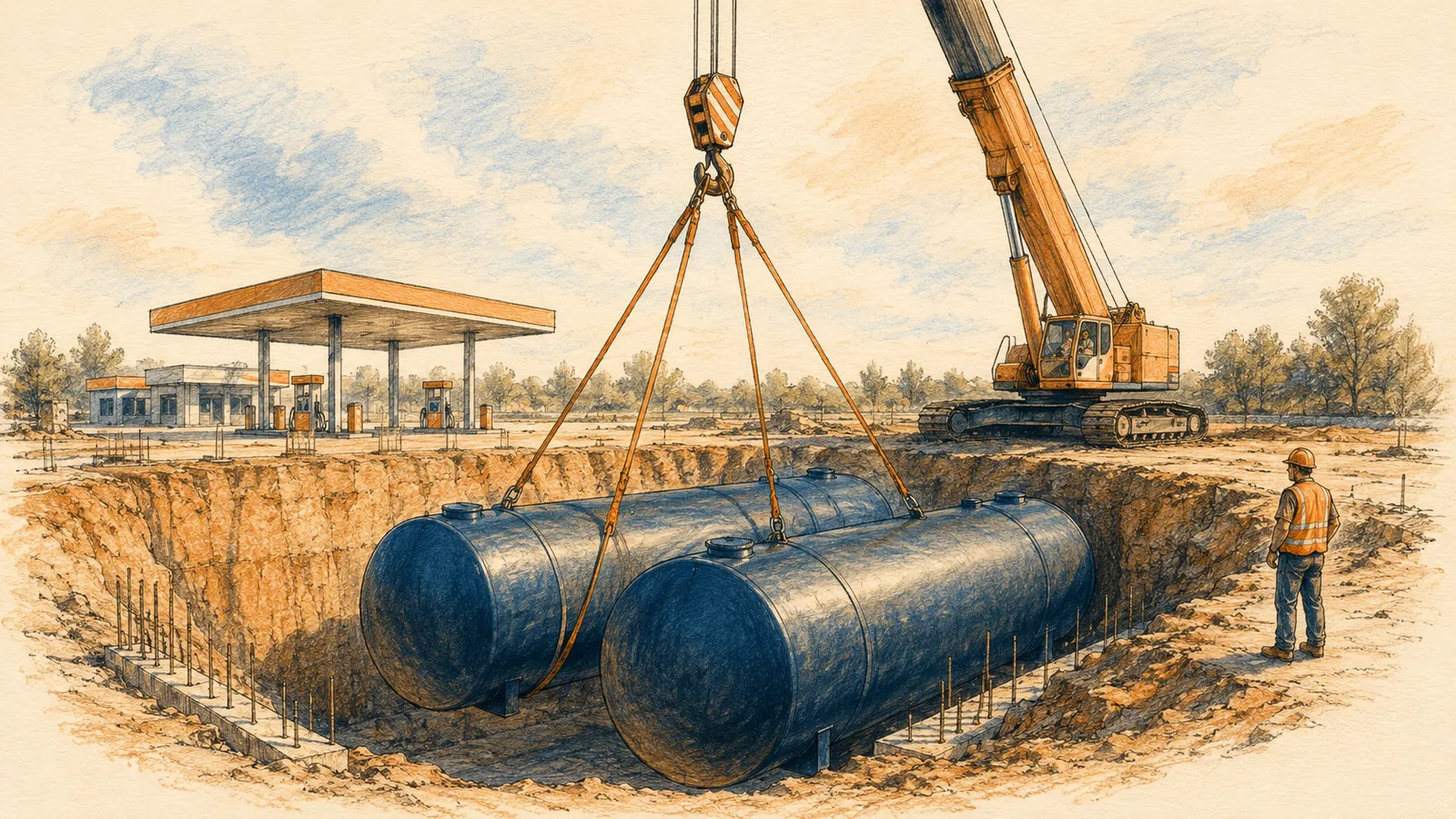 Illustration of underground storage tanks being lowered into a pit by a crane