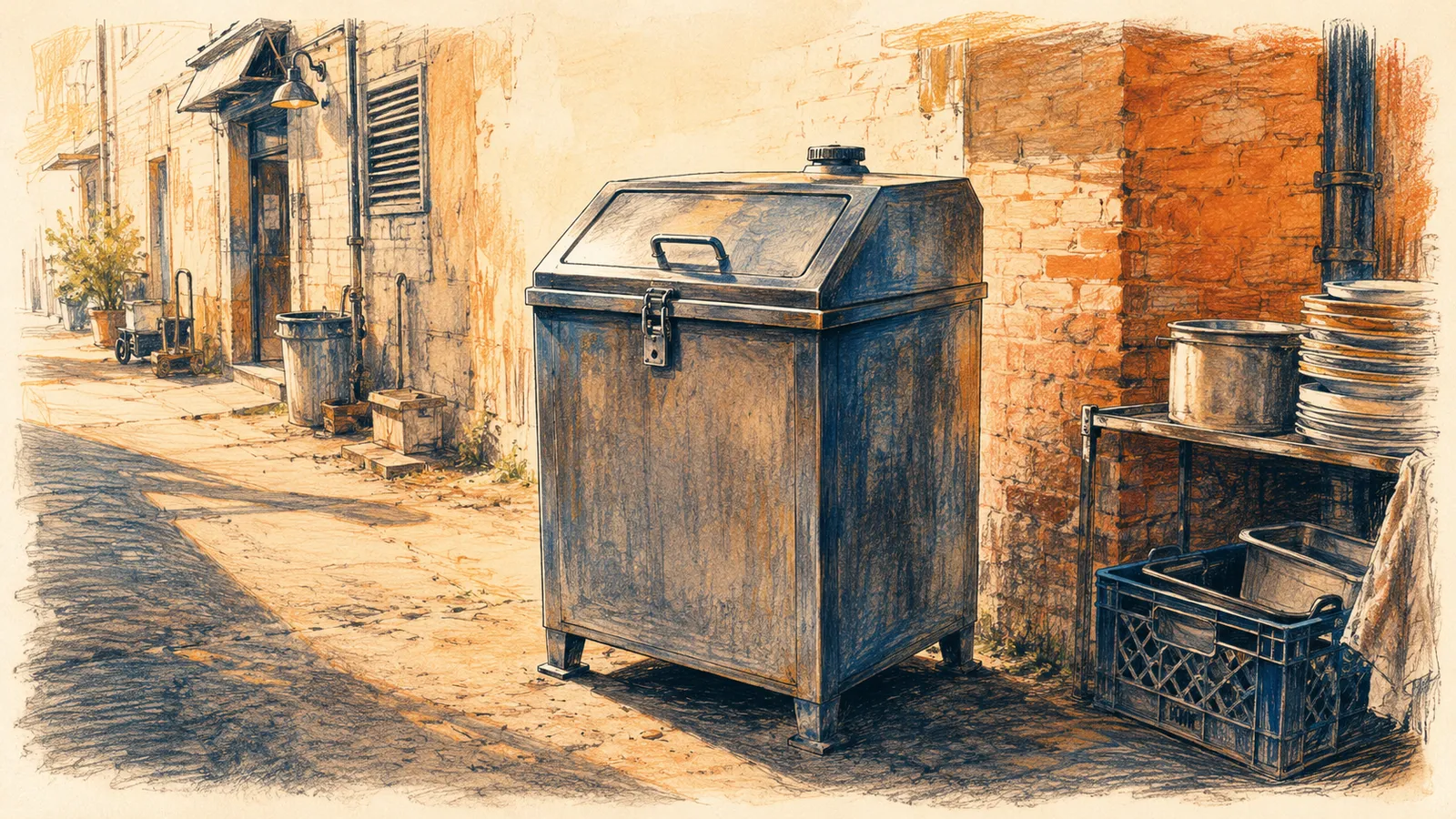 Illustration of a used cooking oil collection bin behind a restaurant