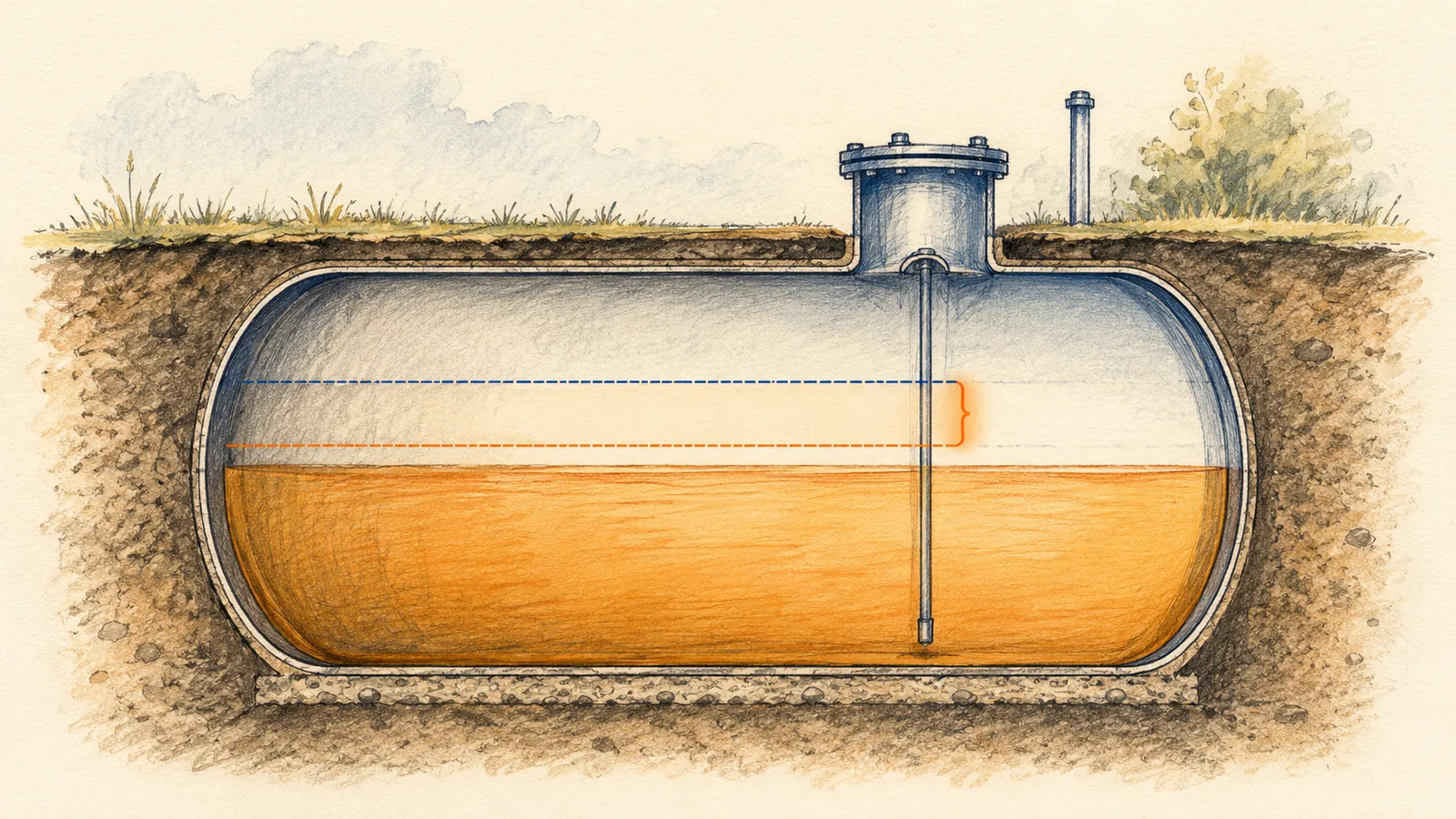 Diagram of a fuel tank comparing the book level to the measured level, the gap is the variance