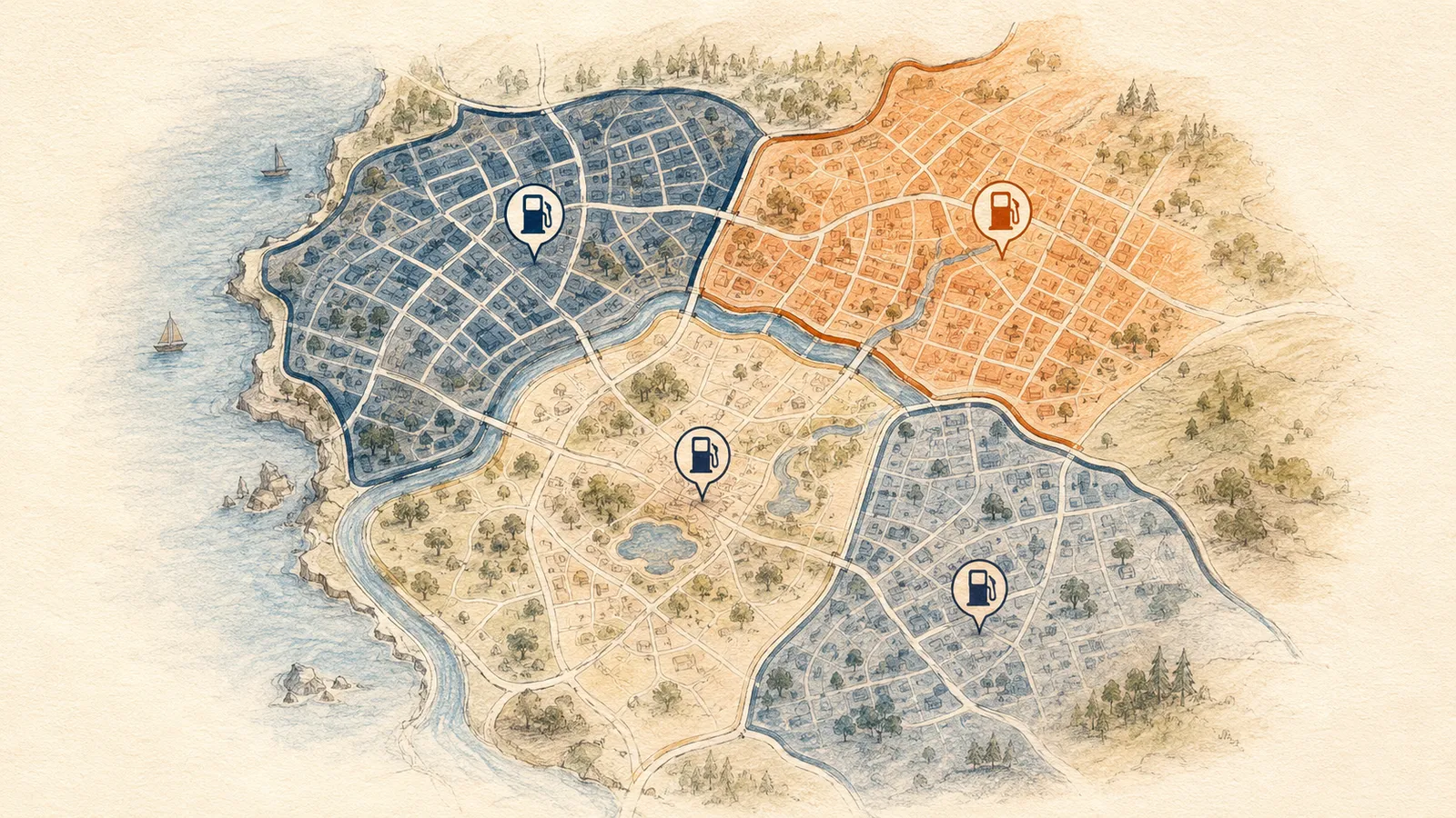Diagram of a town split into pricing zones, each with its own street price